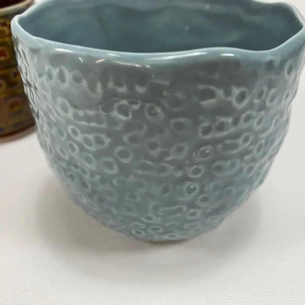 Lot of 3 Small Pottery Vases, 2 Blue VTG '73 , 1 Brown Pier One, Textured 2